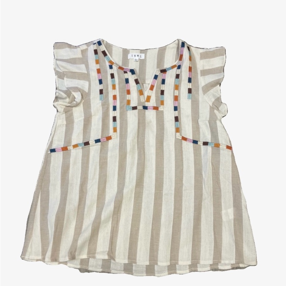 THML Beige Striped Top with Embroidered Details